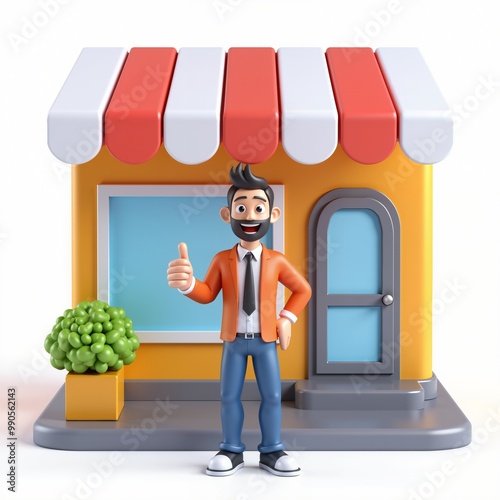 Cartoon shopkeeper giving a thumbs up in front of a store with a red and white awning. Perfect for retail, small business success, and shop management themes.
