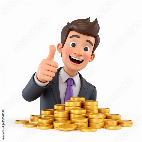 3D cartoon businessman smiling with a thumbs-up gesture, sitting behind a pile of gold coins. Ideal for financial success, investment, and wealth-related themes.
