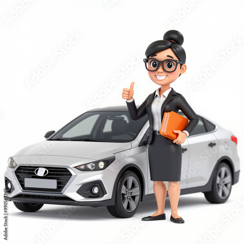 3D cartoon businesswoman giving a thumbs-up while standing next to a gray car, holding files. Perfect for automotive sales, business, and professional services visuals.
