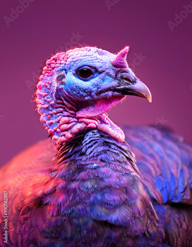 turkey, bird, animal, thanksgiving, new, 90s, glow, portrait, party, pink, color, vibrant, aesthetic, style, poultry, head, marketing, banner, copy space, violet, purple, pastel, light, neon, colored, photo