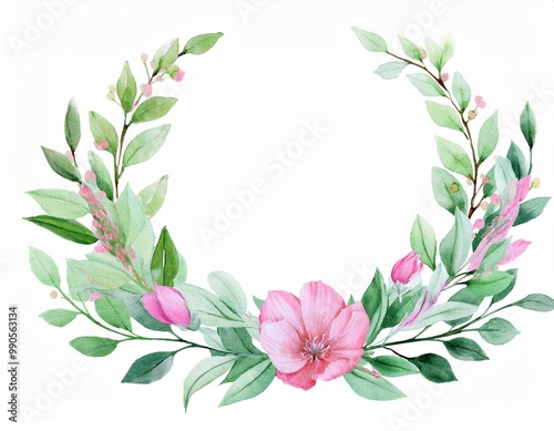 Watercolor wreaths with pink wild spring flowers for Valentines day romantic