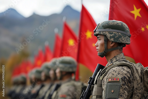 East Asia's geopolitical instability, dramatic future scenes.A soldier proudly stands in front of a long row of vibrant Chinese flags photo