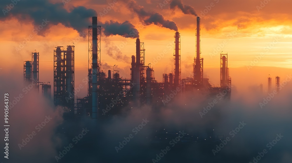A large industrial plant with smoke billowing from it. The sky is orange and the clouds are thick A large industrial plant with smoke billowing from it. The sky is orange and the clouds are thick