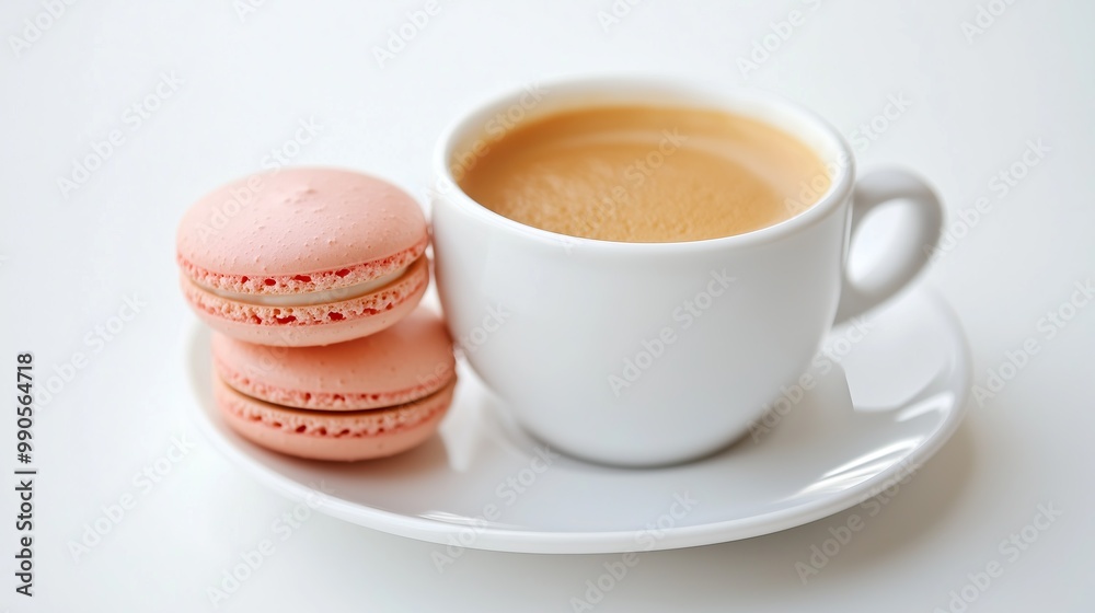 Macaroons and cup of coffee on a plate on a white background Macaroons and cup of coffee on a plate on a white background