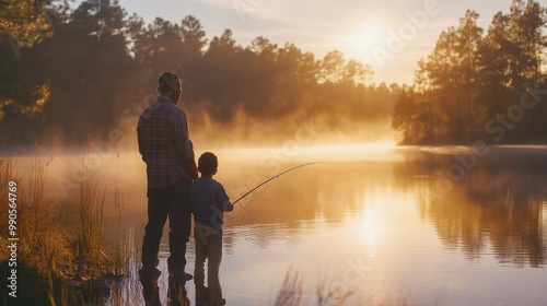 A father and son bond while fishing together on a calm lake at sunrise surrounded by mist