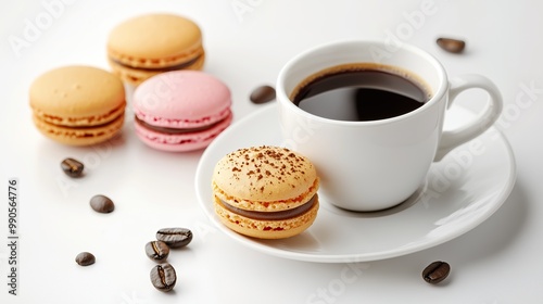 Macaroons and cup of coffee on a plate on a white background