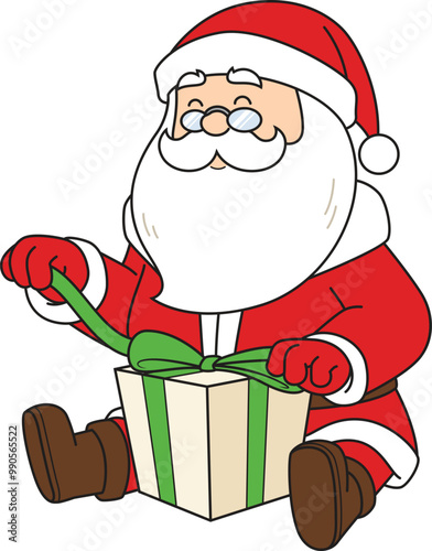 Cartoon santa claus unboxing christmas present vector illustration