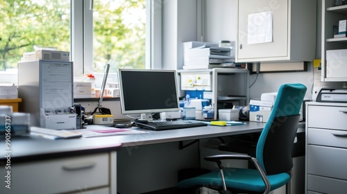 A modern office workspace with a computer and organized supplies.