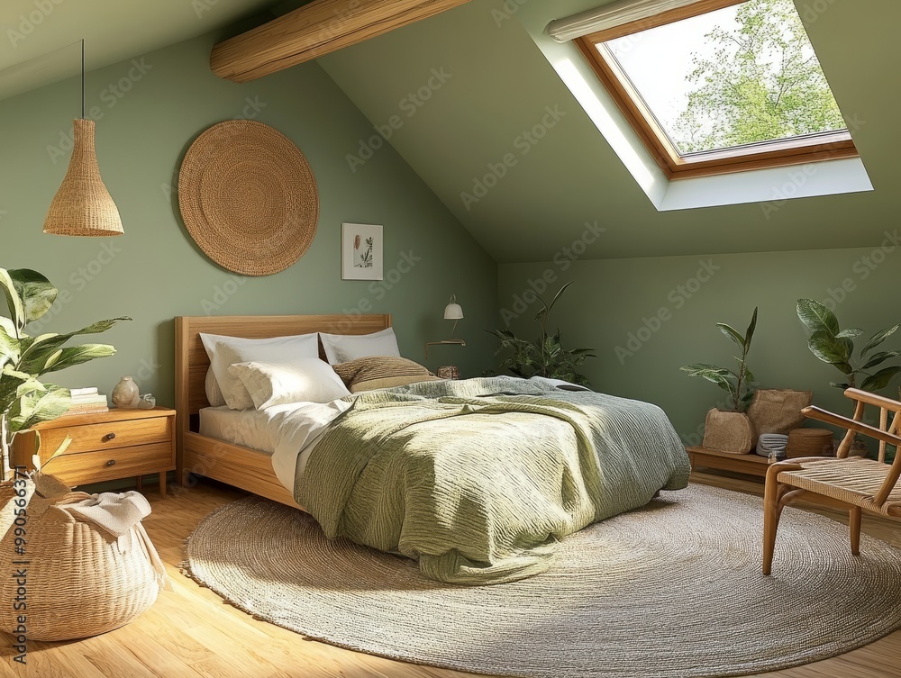 Fototapeta premium Mid-century modern bedroom design under the roof, with soft green walls, a vintage wooden bed, minimalist decor, and a cozy, peaceful atmosphere, rendered in 3D