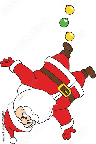 Cartoon santa claus hanging upside down from decorations vector illustration