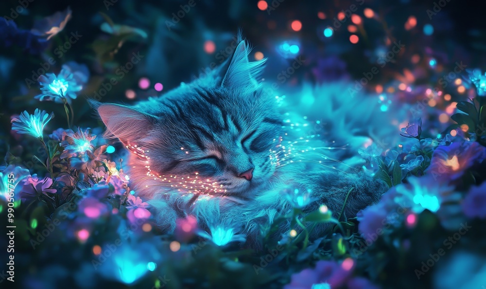 A sleeping cat in a magical, glowing garden. A sleeping cat in a magical, glowing garden.