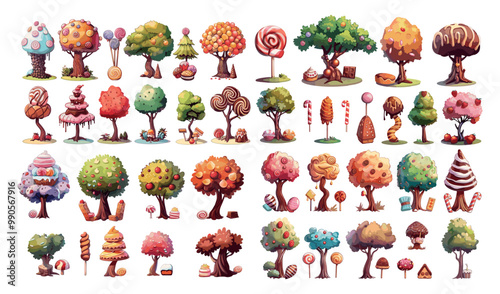 Fantastic sweet trees cartoon vector set. Chocolate sweets waffle straws lollipops caramel candy pops botany delicious sugar plants illustration isolated on white background