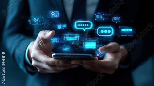 Businessman using smartphone with glowing digital icons.