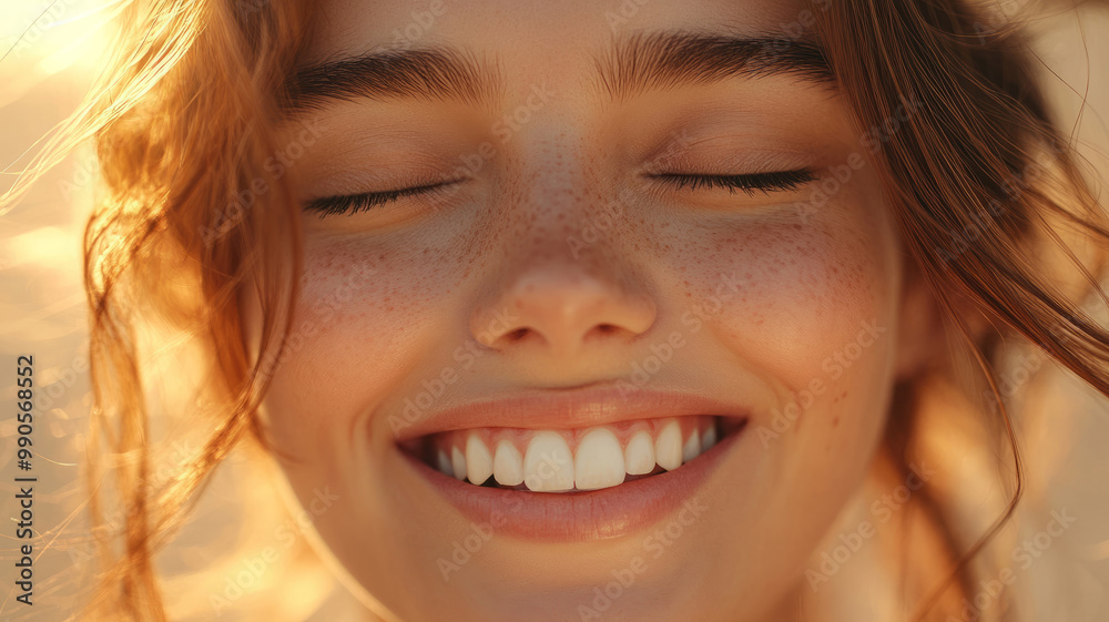 Close-up of a young woman smiling with eyes closed in sunlight Close-up of a young woman smiling with eyes closed in sunlight
