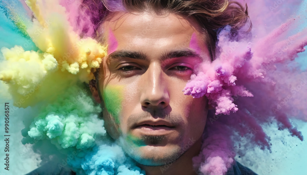 Closeup of men face with pastel colored powder explosion. Closeup of men face with pastel colored powder explosion.