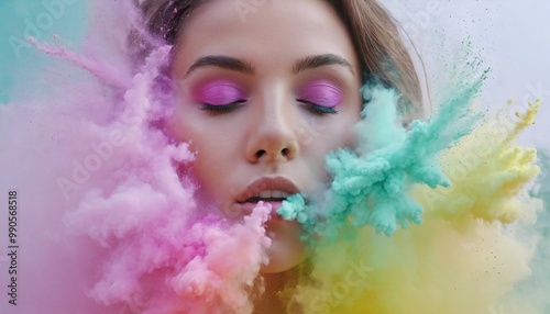 Closeup of women face with pastel colored powder explosion.