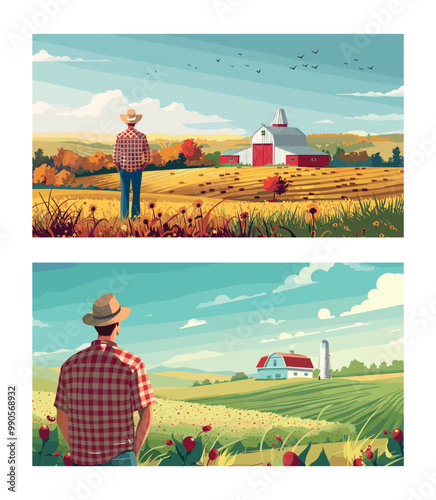 Farmer watching farm field cartoon vector scenes. Striped shirt straw hat man back view grass meadow barn flowers road rural farmland countryside character concepts