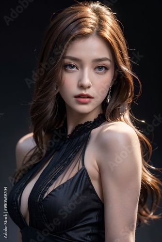 a woman with long hair and a red lip