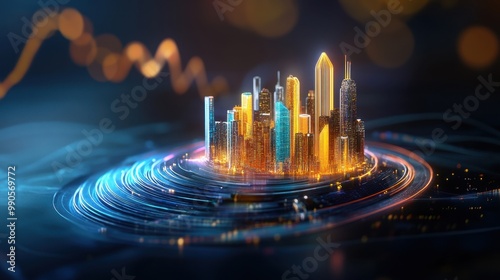 A futuristic city emerging from rising GDP lines, symbolizing economic growth,