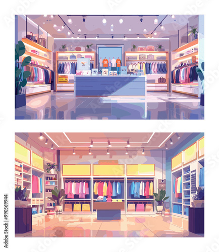 Fashion store cartoon vector concepts. Bags dresses shirts jackets perfumes showcase plants clothing accessories modern shopping center empty interior illustrations