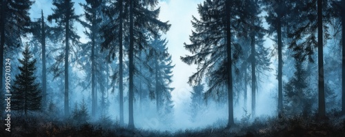 A serene, misty forest scene with tall trees bathed in soft blue light, creating an ethereal and tranquil atmosphere.