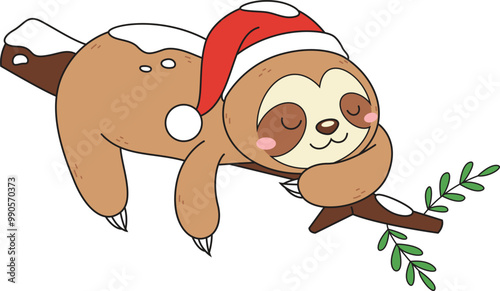 Cartoon xmas sloth sleeping on tree branch vector illustration