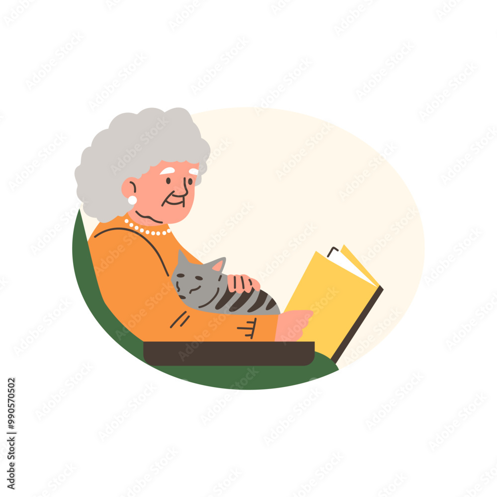 Elderly woman sits in armchair, strokes a cat and reads a book, vector cartoon senior owner with striped pet round frame