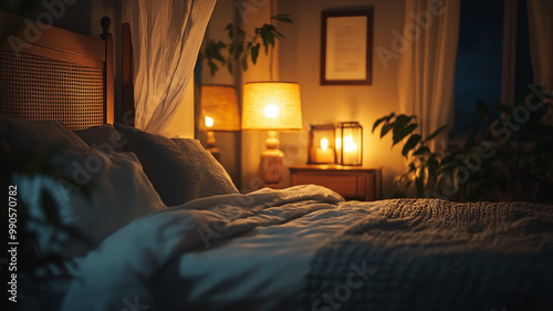 A cozy bedroom with warm lighting and plants, creating a relaxing atmosphere at night photo