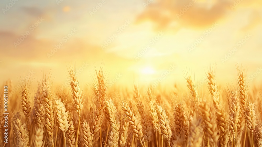 Fototapeta premium A golden wheat field at sunset, illuminated by warm light, creating a serene and picturesque landscape.