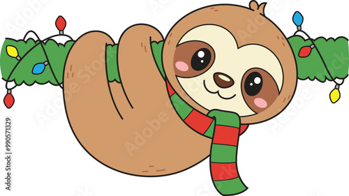 Cartoon christmas sloth hanging from decorations vector illustration