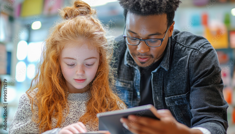 Teacher helping young student using digital tablet in library