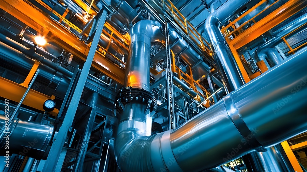 A large pipe with a clock on it. The pipe is orange and blue. The clock is black and white