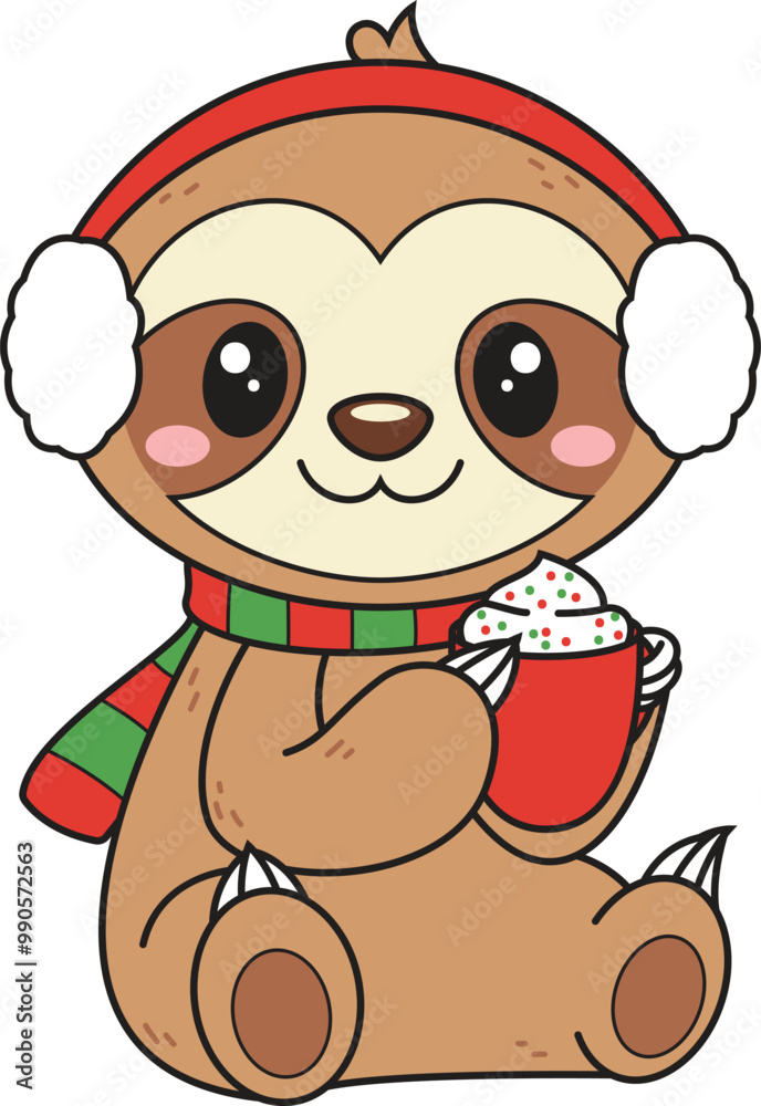 Fototapeta premium Cartoon cute sloth enjoying hot chocolate vector illustration
