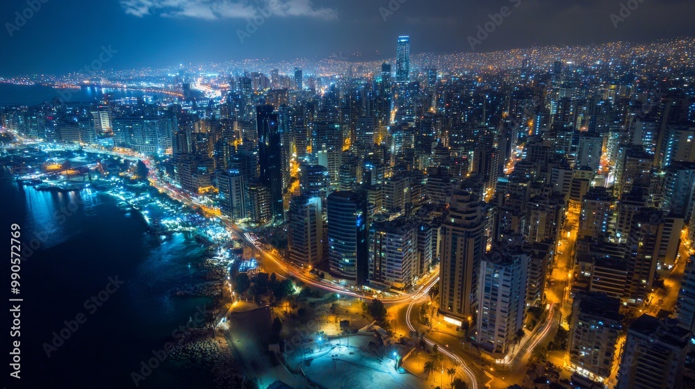 Naklejka premium Aerial view of Beirut skyline at night