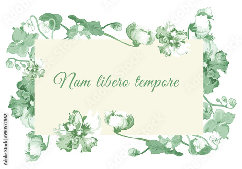 Tinted flowers are put around a rectangular shape on a white background. Frame made from the parts of African violets in bloom with the paper sheet in the center. Floral frame for any design ideas.