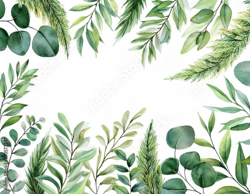 ฺBeautiful watercolor green leaf frame over white background - hand draw watercolor nature frame concept