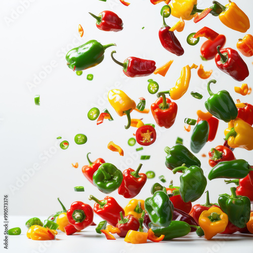 Wallpaper Mural Various falling fresh ripe sweet pepper on light white background, horizontal composition Torontodigital.ca