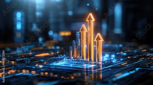 Rising arrows symbolizing GDP growth, emerging from a futuristic city,