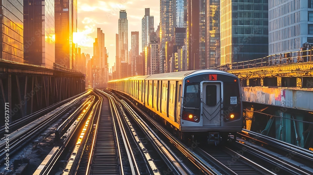 Train in the City at Sunset