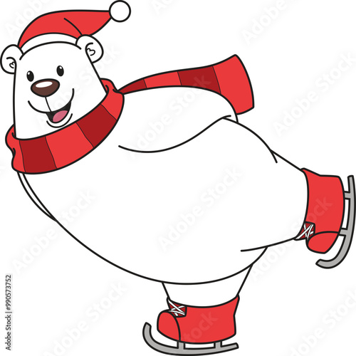 Cartoon christmas polar bear ice skating vector illustration