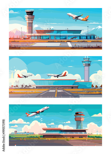 Flying plane airport terminal cartoon vector concepts. Runway radio control tower building landing taking off passenger aircraft vehicle air transportation routes illustrations