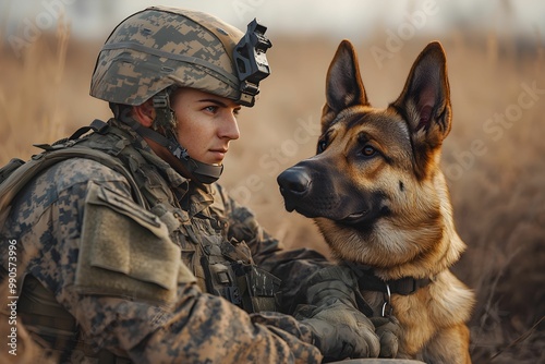 Soldier and German shepherd relaxed in a grassy field during sunset