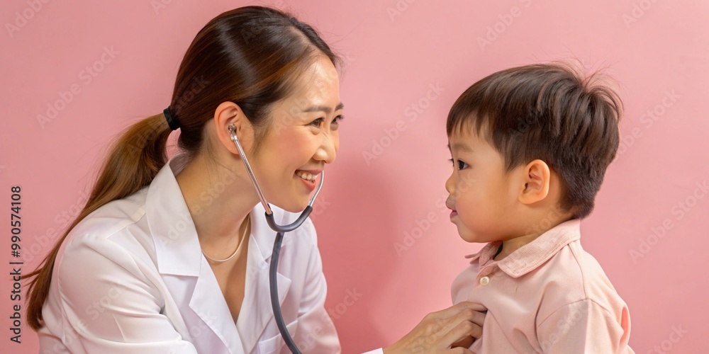 Caring pediatrician with young patient in medical examination scene Caring pediatrician with young patient in medical examination scene