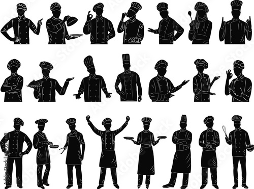 set of chef silhouettes, portraits and full length, vector
