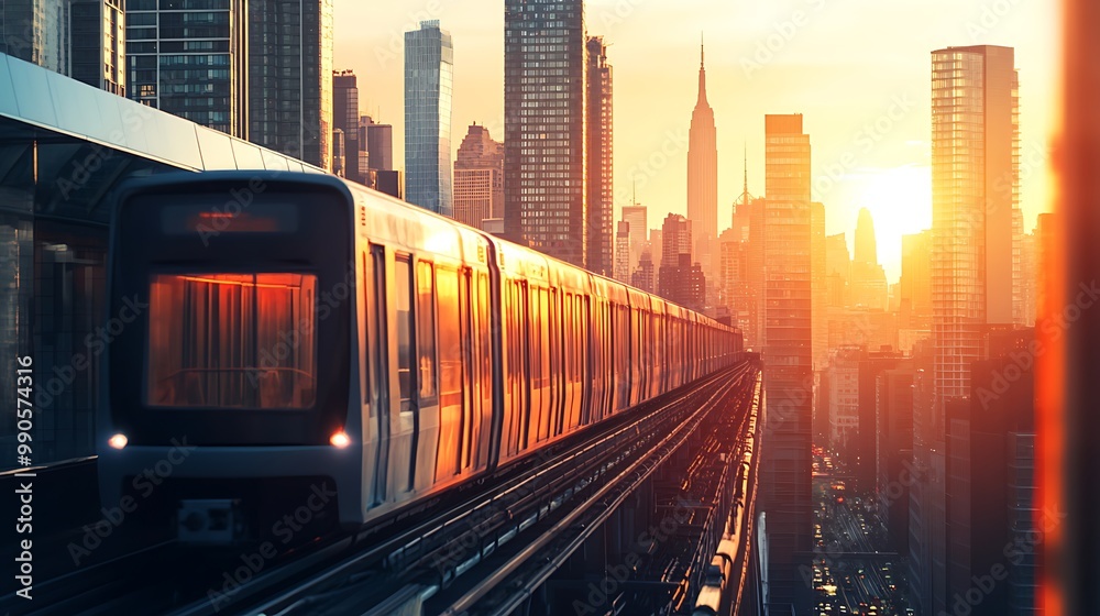 Naklejka premium Train in the City at Sunset