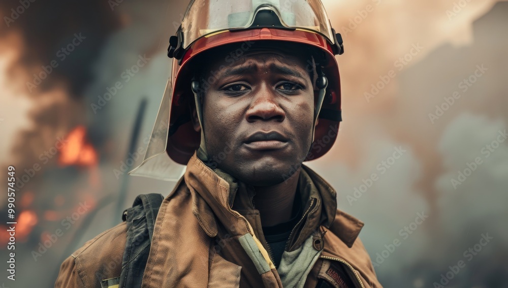 Black African American firefighter wearing his helmet, Standing in front of an urban fire scene with smoke rising from behind him. The background features buildings and city lights. Black African American firefighter wearing his helmet, Standing in front of an urban fire scene with smoke rising from behind him. The background features buildings and city lights.