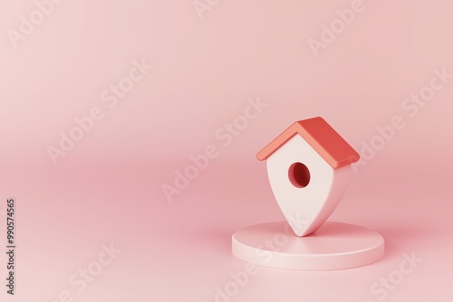 a small red birdhouse sits on a round platform