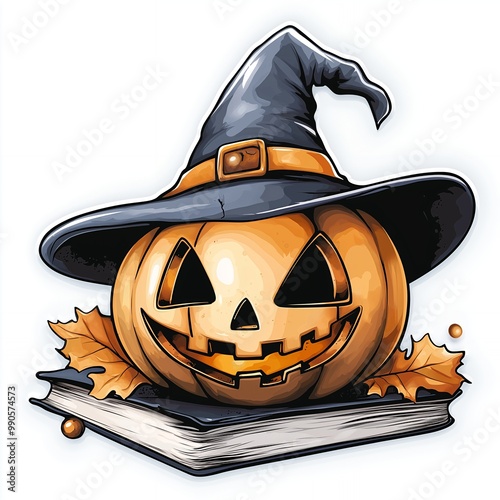 a drawing of a witch hat on a book with a moon behind it