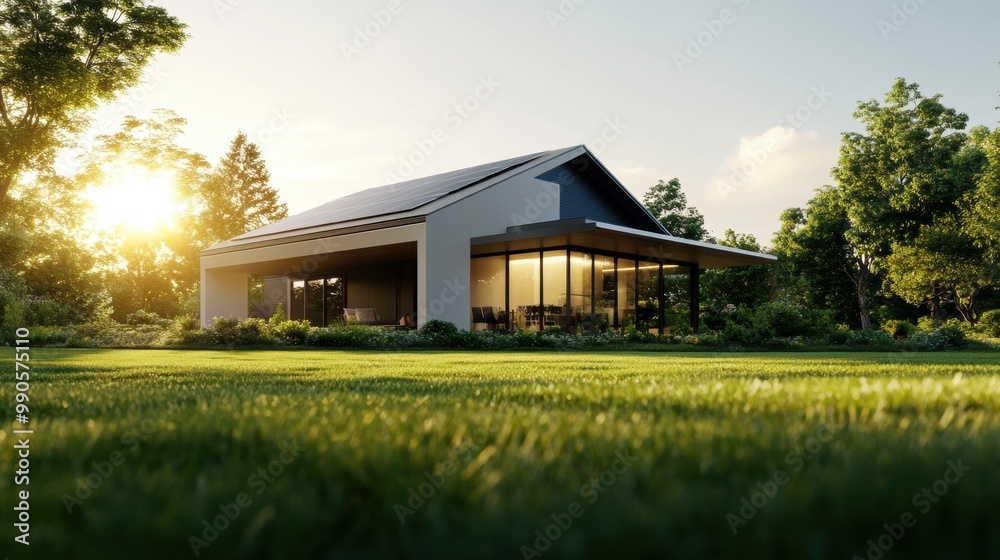 Fototapeta premium Modern house with large windows surrounded by greenery and sunlight.
