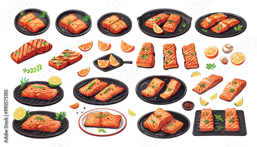 Fried fish steak cartoon vector set. Lime tomato spice caviar plate lemon slice salmon sea meat grill barbecue marine food delicious healthy restaurant dinner, isolated illustrations